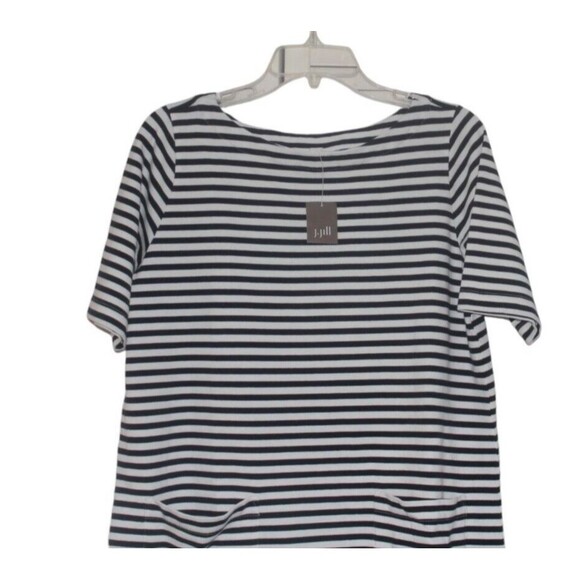 J Jill Shift Dress Navy & White Striped Pockets Knee Length Cotton Womens PM NWT - Picture 7 of 10